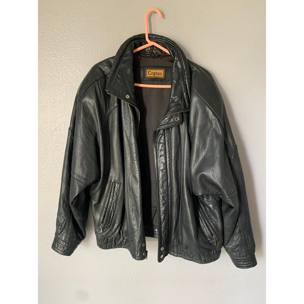 Vintage 90s Cognac Black Leather Bomber Jacket Size L Made in Korea
